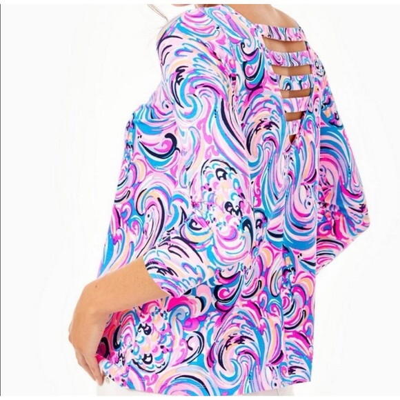 Lilly Pulitzer NWOT Ophelia FLAMINGOALS Raz Berry Swirly Quarter Sleeves Top S - Picture 2 of 9